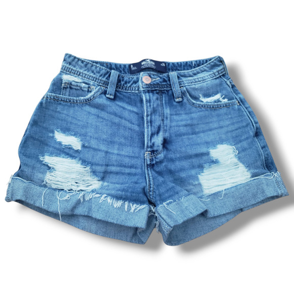 Hollister High Rise Mom Shorts Size 0/24 Button Fly Distressed Denim - Picture 1 of 7